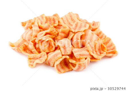 Front view of potato snacks pile isolated on white 30529744