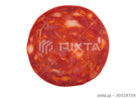 chorizo sausage slice isolated on white 30529759