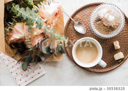 Feminine tabletop, home office with flowers 30536320