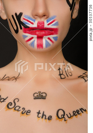 Faces of a woman with english symbols on her face 30537736