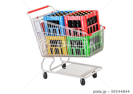 shopping cart with crates beer, 3D rendering shopping cart with crates beer, 3D rendering 30544844