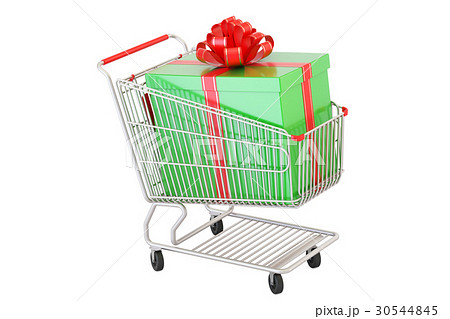 Shopping cart with gift box, 3D rendering Shopping cart with gift box, 3D rendering 30544845