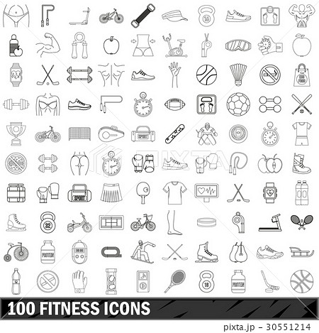 100 fitness icons set, outline style 100 fitness icons set, outline style 30551214