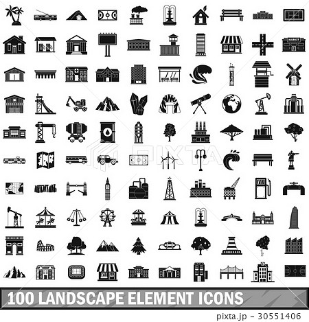 100 landscape element icons set in simple style 30551406