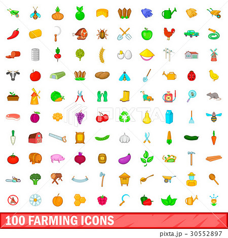 100 farming icons set, cartoon style 30552897