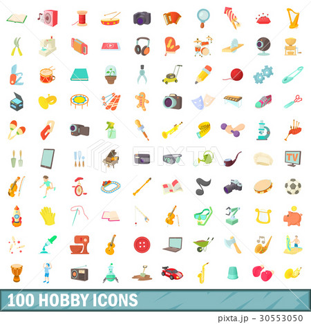 100 hobby icons set, cartoon style 30553050