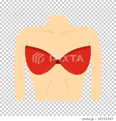 Female breast in a red bra icon, flat style - Stock Illustration