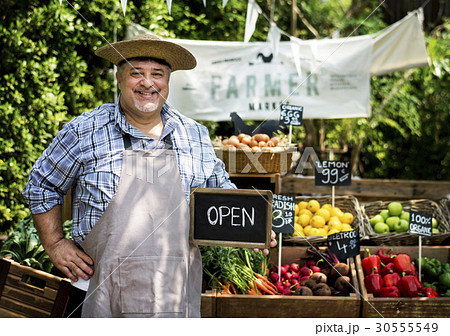Greengrocer selling organic fresh agricultural product at farmer market 30555549