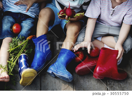 Diversity Group Of Kids Sitting Together Vegetables Fruits 30555750