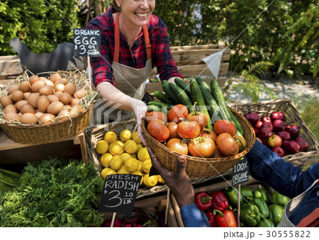 Greengrocer selling organic fresh agricultural product at farmer market 30555822