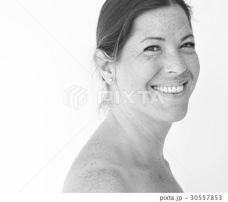 Happiness woman bare chest topless smiling studio portrait Happiness woman bare chest topless smiling studio portrait 30557853