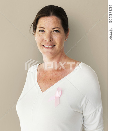 Caucasian Woman with a Pink Breast Cancer Ribbin 30557854
