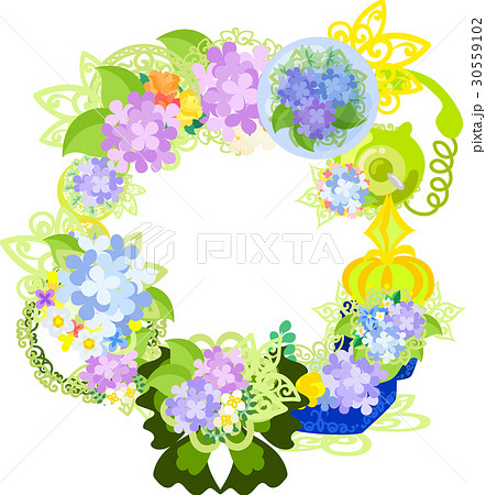 紫陽花の色々な雑貨で作られたリースのイラスト素材