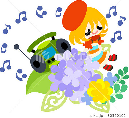 音楽を聴く可愛い女の子と紫陽花のオブジェのイラスト素材