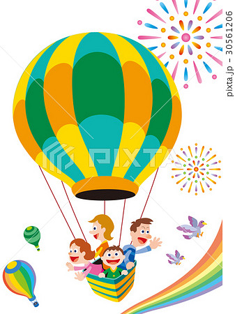 気球で家族旅行 四人家族のイラスト素材