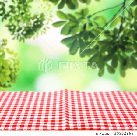 checkered tablecloth and blur leaves background 30562365