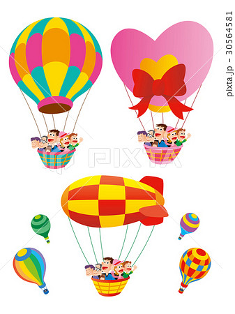 気球に乗って家族旅行 色々な気球のイラスト素材