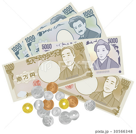 乱雑に置かれている日本の紙幣と硬貨イメージイラストのイラスト素材
