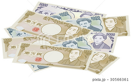 乱雑に置かれている日本の紙幣のイメージイラスト 円札 5000円札 1000円札 のイラスト素材