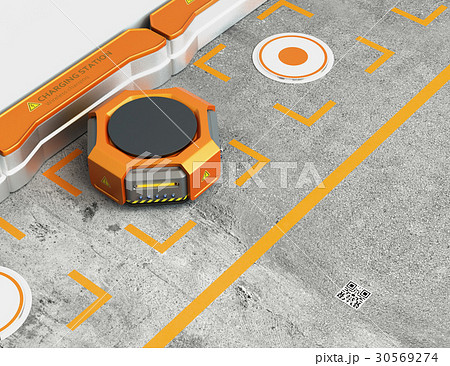ワイヤレス充電スタンドに充電しているオレンジ色の物流運搬支援ロボット 30569274