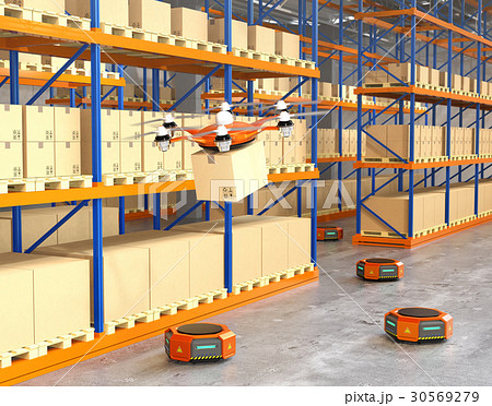 荷物を運ぶドローンとオレンジ色の運搬ロボット。物流支援ロボットのコンセプト 荷物を運ぶドローンとオレンジ色の運搬ロボット。物流支援ロボットのコンセプト 30569279