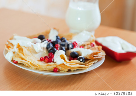 pancakes on white plate with berries 30579202