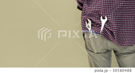 Man Wrench Tools Plaid Shirt Jeans Studio 30580488