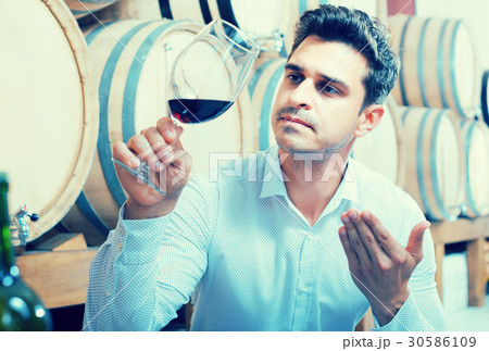 Positive male expert holding glass of red wine in shop Positive male expert holding glass of red wine in shop 30586109