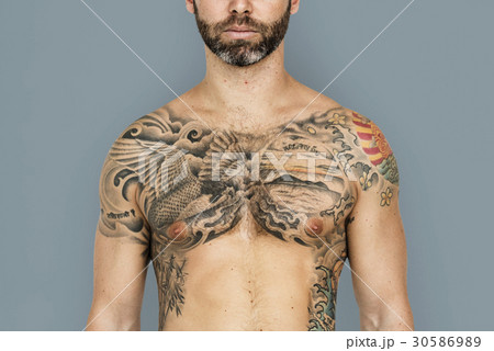 Caucasian Man Tattooed Chest 30586989