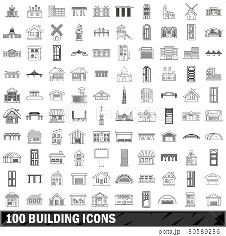 100 building icons set, outline style 100 building icons set, outline style 30589236