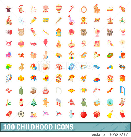 100 childhood icons set, cartoon style 30589237