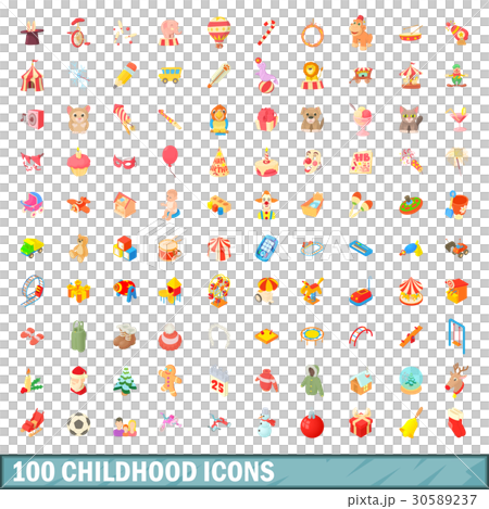 100 childhood icons set, cartoon style 30589237