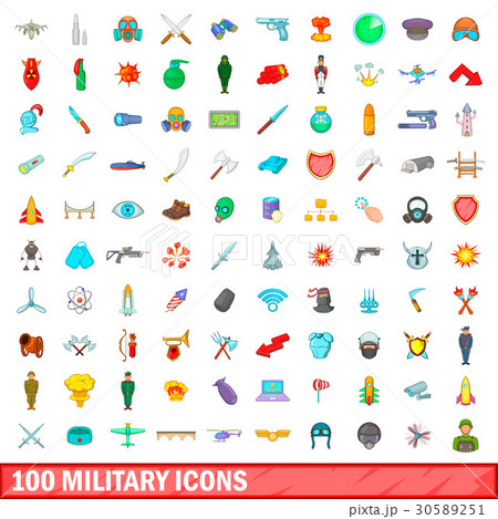100 military icons set, cartoon style 30589251