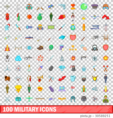 100 military icons set, cartoon style 30589251