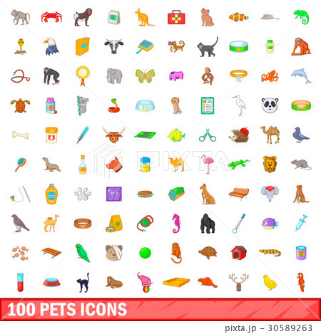 100 pets icons set, cartoon style 30589263