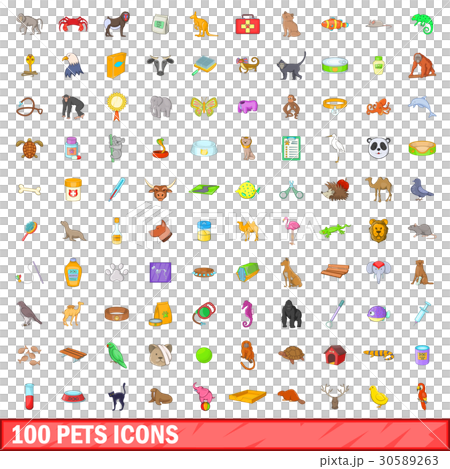 100 pets icons set, cartoon style 30589263