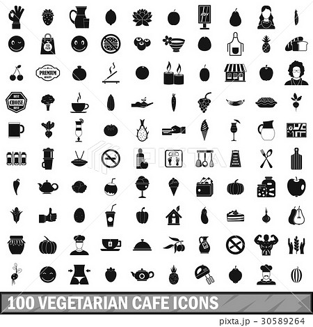100 vegetarian cafe icons set in simple style 30589264