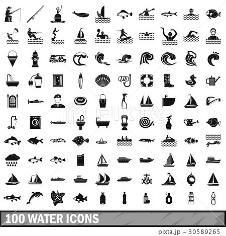 100 water icons set in simple style 30589265