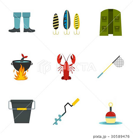 Fishing elements icons set, flat style Fishing elements icons set, flat style 30589476