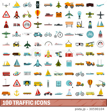 100 traffic icons set, flat style 30590104