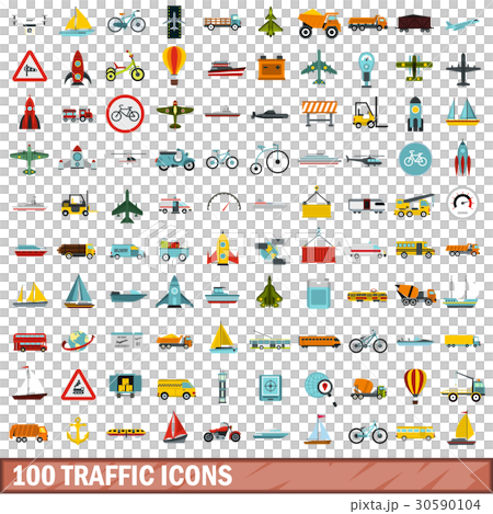 100 traffic icons set, flat style 30590104