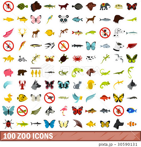 100 zoo icons set, flat style 30590131
