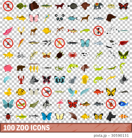 100 zoo icons set, flat style 30590131