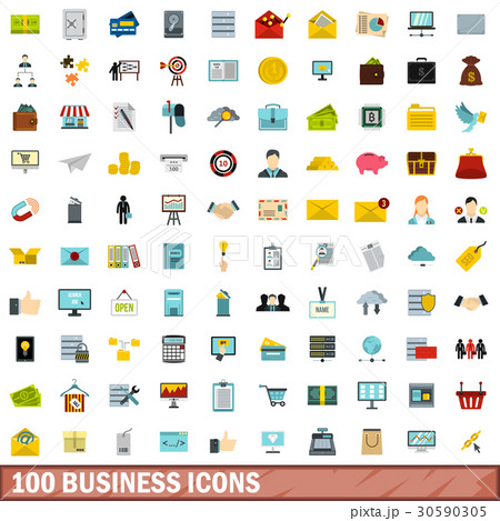 100 business icons set, flat style 30590305