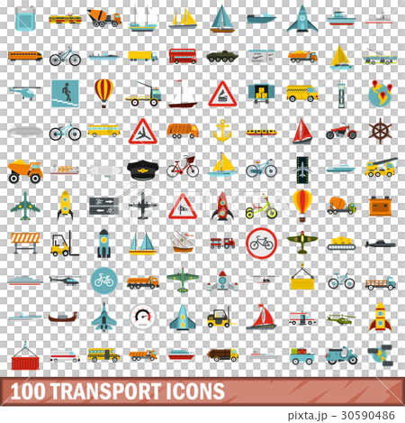 100 transport icons set, flat style 30590486
