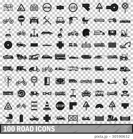 100 road icons set, simple style 30590632