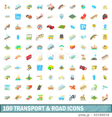 100 transport and road icons set, cartoon style 30590658