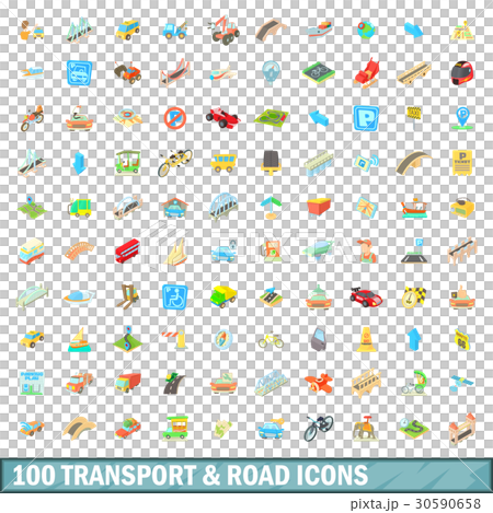 100 transport and road icons set, cartoon style 30590658