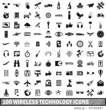 100 wireless technology icons set, simple style 30590667