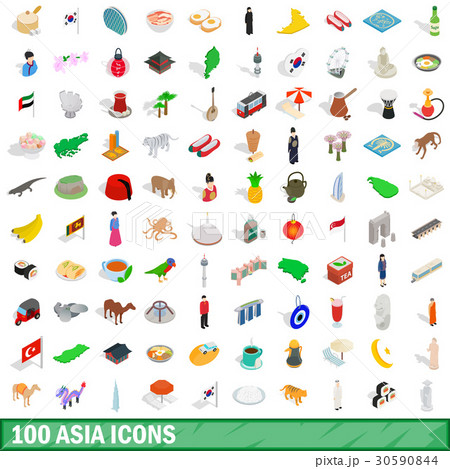 100 asia icons set, isometric 3d style 30590844